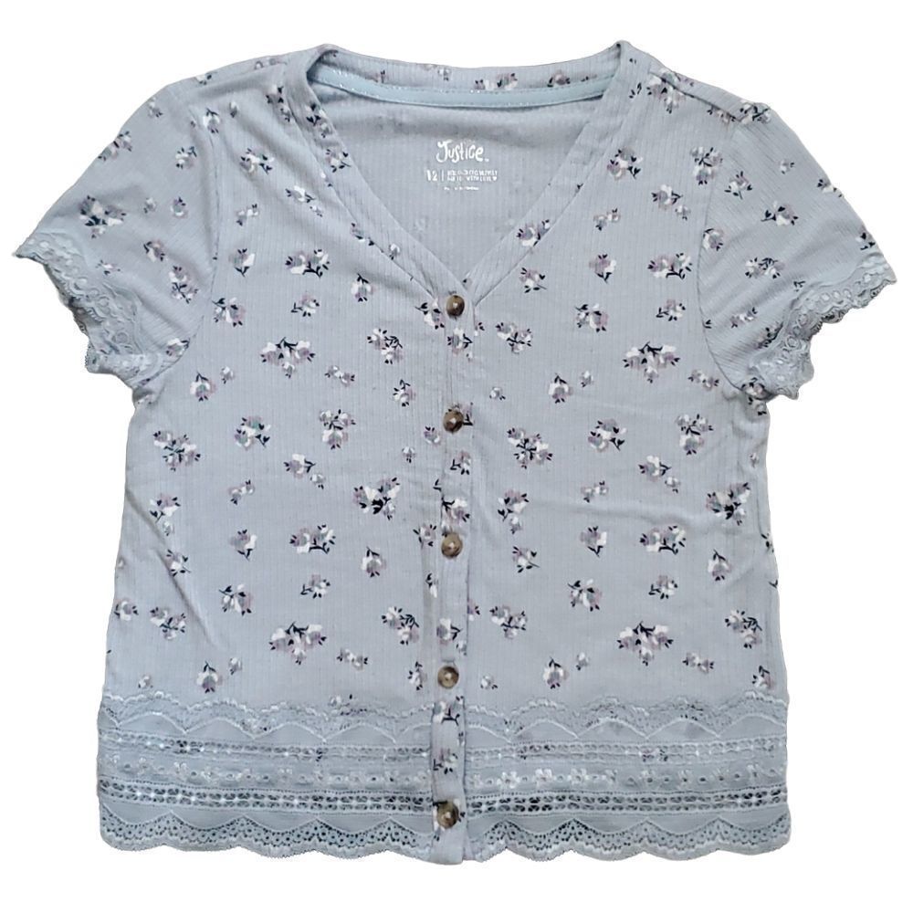 Justice Girls Size 12 Light Blue Lace Edged Button Down Floral Top